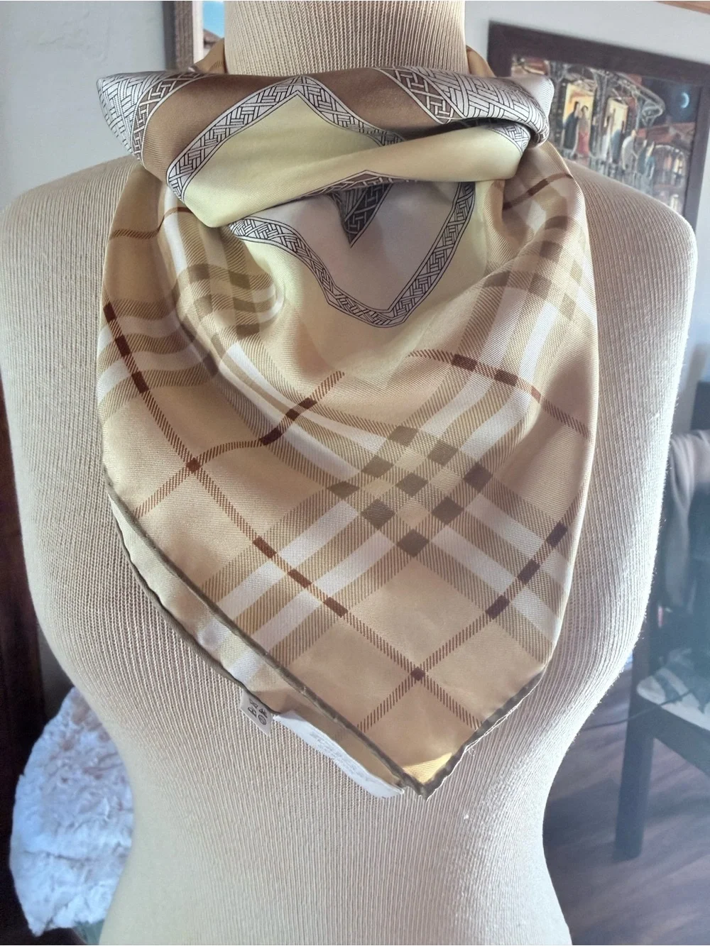 Burberry Beige and Cream Check Silk Scarf